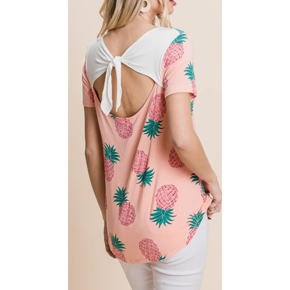 18 bright peach pineapple print open back short sleeve tunic top - Picture 3 of 3